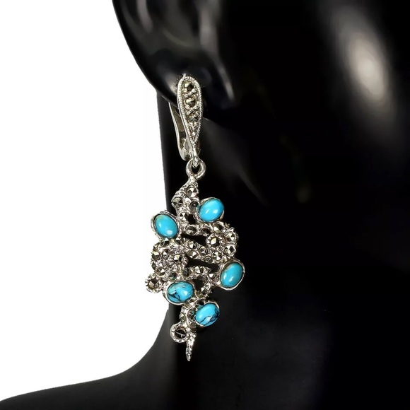 Natural Oval Cab Turquoise 4x3mm Marcasite 925 Sterling Silver Cobra Earrings